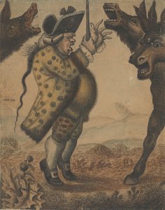 オルガン奏者のアレクサンダー・キャンベル氏が、3頭のブレイイング・アスを指揮する様子（1782年 作： John Kay