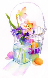 花が付いている卵のバスケット、2014年（水彩画）