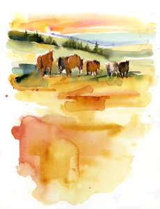 2015年の日没時の馬（水彩） 作： John Keeling