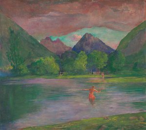 タヒチ、タウティラ川の入り口。 魚を槍で突き刺す漁師 作： John La Farge