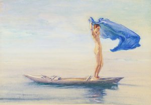カヌーの船首の少女、サモアのためにロインの布を広げる、サモア、1895-96年（船上と船上ガッシュ）