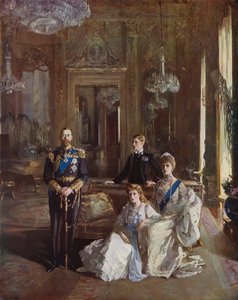 ジョージ5世、メアリー女王、ウェールズ皇太子、メアリー王女、1913年、ロンドンのバッキンガム宮殿の白い応接室