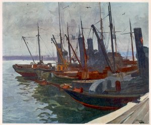 1918年の西部戦線の続き、前線のイギリス人アーティストによる港の掃海艇
