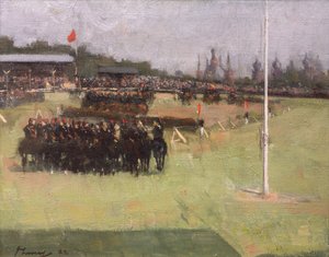 1888年グラスゴー国際博覧会での軍事トーナメント中の第15軽騎兵隊のミュージカルライド 作： John Lavery