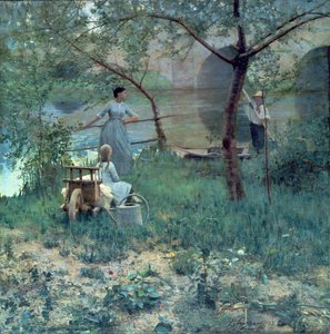 桜の下、グレツの橋、1884年 作： John Lavery