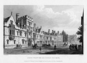 オックスフォード大学オールソウルズカレッジの南正面、1834年。 作： John Le Keux