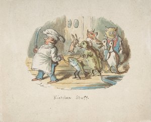 厨房のスタッフ」（左）、「ハイキングする人のいる山の風景」（右）、1837-64年。 作： John Leech