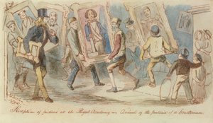 ロイヤルアカデミーでの写真の受付-紳士の肖像画の到着、1846年（ペン＆インクおよびトイレ） 作： John Leech