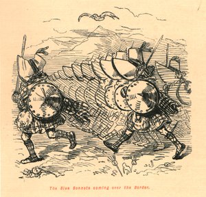 国境を越えてやって来るブルーボンネット、1897年。 作： John Leech