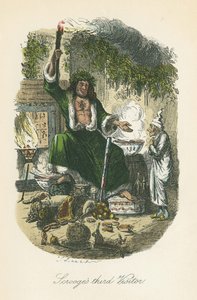 スクルージに現れるクリスマスの亡霊。ジョン・リーチ（1817-64）によるチャールズ・ディケンズ『クリスマス・キャロル』の挿絵（ロンドン、1843-1834年）。