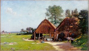 洗濯場、ノルマンディー、1918年頃 作： John Leslie Thomson