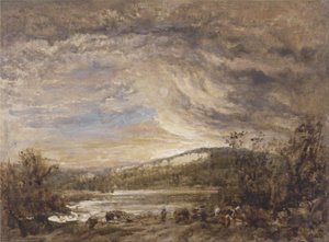 川の風景、日没（パネルに油彩） 作： John Linnell