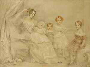WSフライ夫人と4人の子供たちの肖像：エマ、ウィリー、ジュリー、ジョージナ、室内に座る、1840 作： John Linnell