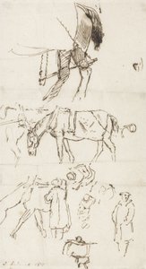 馬、男性と馬車の研究、1811（紙にペンと茶色のインク） 作： John Linnell