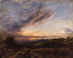 ムーアランドの風景に沈む夕日 1850年代初頭（パネルに油彩 作： John Linnell