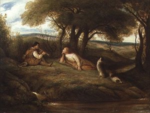 シェパードとその犬に音楽を聞かせる若い男性 作： John Linnell