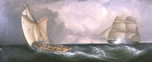 フランスのカッターとイギリスのフリゲート艦のすれ違い 作： John Lynn