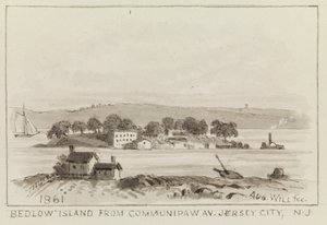 1861年、ニュージャージー州ジャージーシティのコミュニポー通りからのベッドロー島 作： John M. August Will