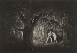 全能者の声を聞くアダム、1827年頃（メゾチント） 作： John Martin