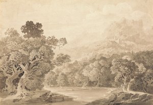 森林に覆われた川岸、丘の町、遠くに見える山頂 作： John Martin