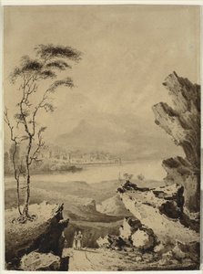 湖と町と山を背景にしたイタリア風の風景 作： John Martin