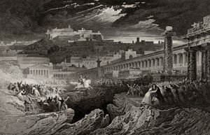 H. Le Keuxによって刻まれた、裂け目に乗るマーカスクルティウス 作： John Martin