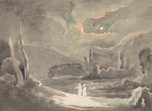 Kuutamoinen maisema raunioineen linnan kanssa 作： John Martin