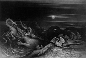 テムノドンサウルス（オリゴスチヌス）と戦うプレシオサウルス、1840 作： John Martin