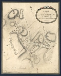 ジャーマンの戦いのスケッチ。1777年10月4日。1777年10月4日、反乱軍は撃退された。LOC gm71000932
