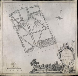 王立天文台、ワン・ツリー・ヒル、レンジャー・ハウスを示すグリニッジ公園の平面図 作： John Morton