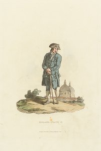 イングランド - Plate 12.棒にもたれる木の脚をしたグリニッジの年金受給者（アクアチント） 作： John Murray