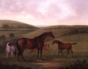 雌馬と子馬のいる風景（油彩・キャンバス 作： John Nott Sartorius