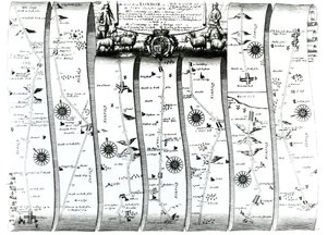 ロンドンからウェルズとベリーセントエドマンズへの道、オギルビーの「ブリタニア」、1675年（彫刻） 作： John Ogilby