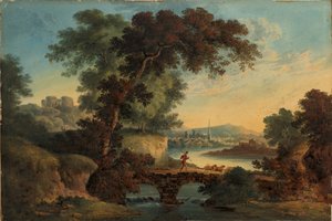 城と橋のある風景、1808-20年頃（グワッシュと水彩） 作： John Oldfield