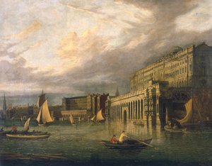 「サマセット ハウスと川から見たアデルフィ」、c1825 作： John Paul