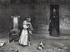 ゴールデンルームでのダービー伯爵夫人の登場、1888年の「レジャーアワー」からのスコットの「ピークのペヴェリル」のシーン 作： John Pettie