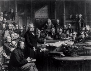 1860年の庶民院：フランスとの条約に関する討論中にパーマストン卿が上院で演説した、1863年のフォークナーの彫刻（42219および107821も参照） 作： John Phillip