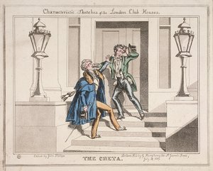 1829年、ロンドンのクロックフォード・クラブの階段にいる2人の酔っぱらいの眺め 作： John Phillips