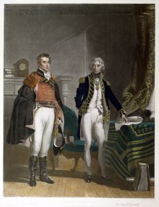 サー・アーサー・ウェルズリー少将とホレイショ・ネルソン中将の会談、1805 年 9 月、サミュエル・ウィリアム・レイノルズ (1794-1872) によって刻印、パブ。 A.J. アイザックス 作： John Prescott (after) Knight