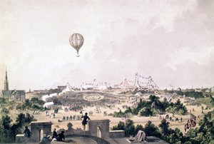 1849年8月、リバプールのプリンセスパークのファンシーフェアの熱気球 作： John R. Isaac