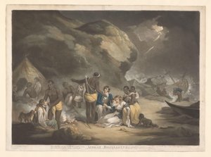 アフリカの人々はイギリスの漂流者を助けます アフリカのおもてなし (オブジェクトのタイトル) 作： John Raphael Smith