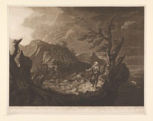 崖の端に吟遊詩人がいる嵐の風景 作： John Raphael Smith