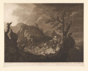 崖の端に吟遊詩人がいる嵐の風景 作： John Raphael Smith