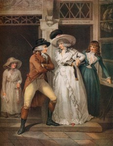 1789年、誘惑者に捨てられたレティシアの居酒屋の扉が町に投げ込まれた 作： John Raphael Smith