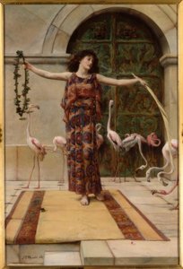 JRWaguelin、フラミンゴを持つ女性-絵画、1885 作： John Reinhard Weguelin
