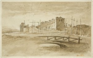建設中の新刑務所、ハーフォード橋から見て、1820年頃（紙に鉛筆と水彩画 作： John Reverend Eden