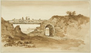 新監獄の反対側にあるコロネーション・ロードの仮設橋、1821年頃（紙に鉛筆とセピアウォッシュ