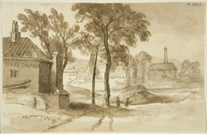 港の南側からマーダイク、リメキルンレーンのグラスハウス付近の眺め、1820年頃（紙に鉛筆と水彩画 作： John Reverend Eden