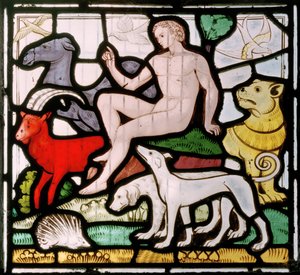 デイルスフォード、セントピーター、クレイトン＆ベル、ジョンリチャードクレイトン（1827〜1913年）、動物の中のアダム、作成ウィンドウ、c.1860 作： John Richard Clayton