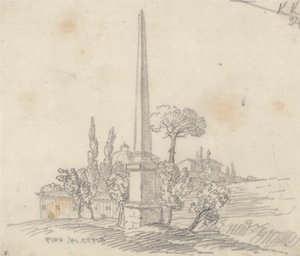 遠くに屋根と木々が見えるオベリスク 作： John Robert Cozens